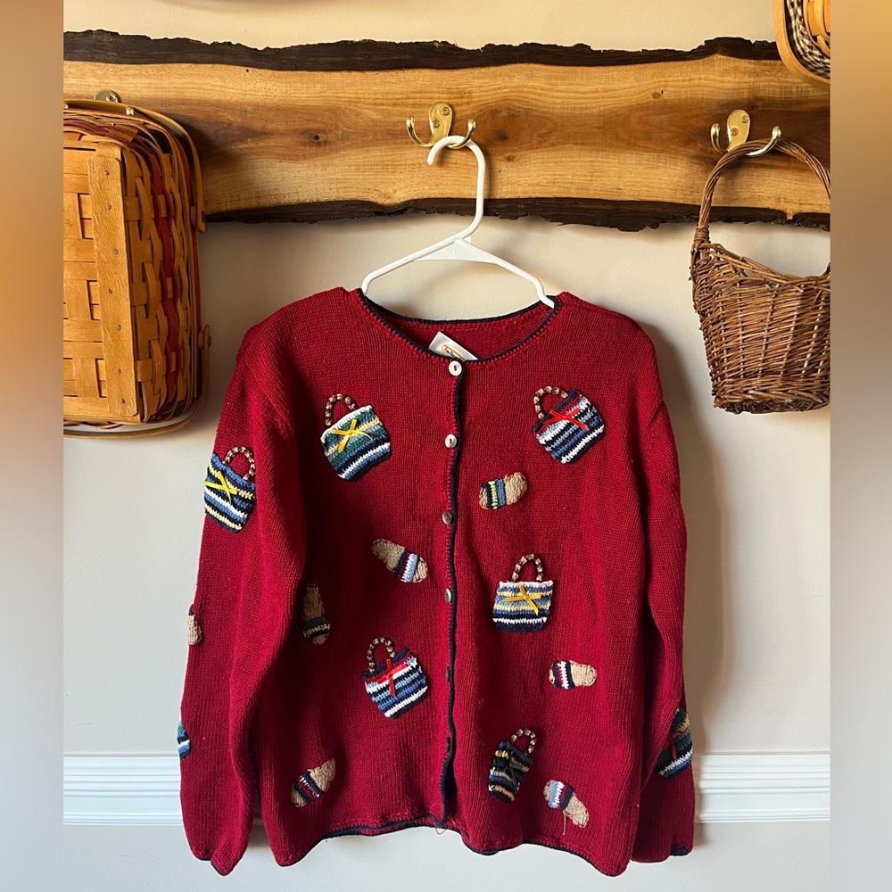Vintage Talbots Red Cotton Linen Sweater Cardigan Purses Shoes Small S